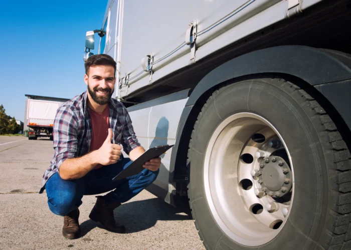 truck driver with thumbs up inspecting tires condition checking pressure